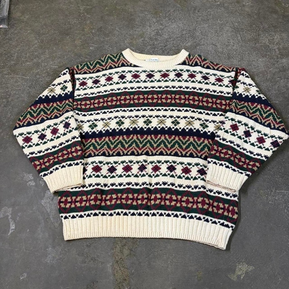 Vintage Bill Blass Mens XL Chunky Knit Cotton Sweater Multicolor Geometric 90s